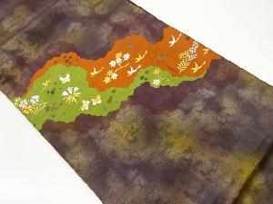 引箔道長取に草花・蝶・鳥模様織出し名古屋帯